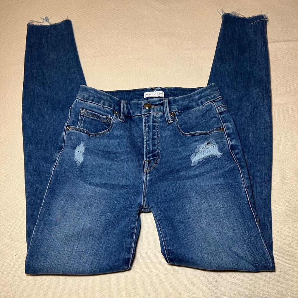 Good American Good Legs Skinny Jeans Blue Distressed‎ Raw Hem Size 2 26